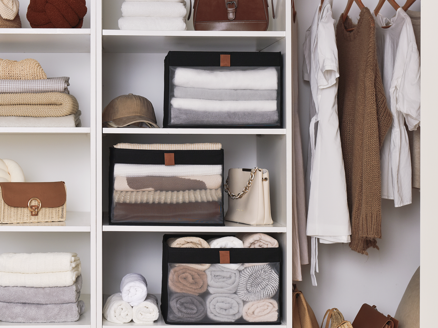 Fabric Closet Storage Bins with Clear Window, Set of 3
