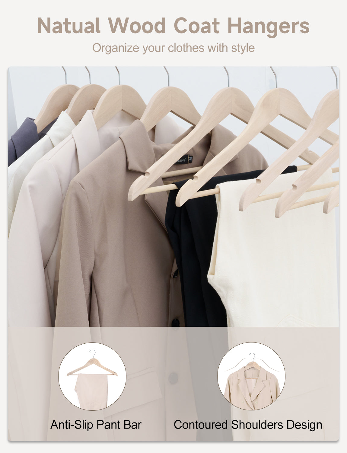 Wood Clothes Hangers for Shirts, Jackets, Pants, Suits, Sweaters